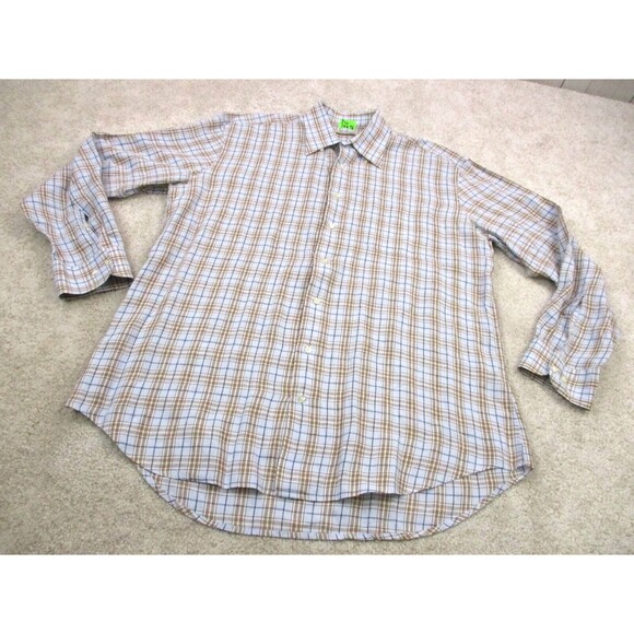 Peter Millar Shirt Adult Large Blue Brown Plaid Button Up Linen Cotton Mens - Picture 2 of 13
